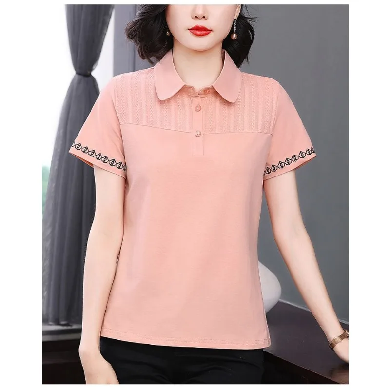 Plus Size Middle Aged Women Summer Solid Lapel Polo Shirt Short Sleeve Spliced Lace Loose Hide Belly Mom Top
