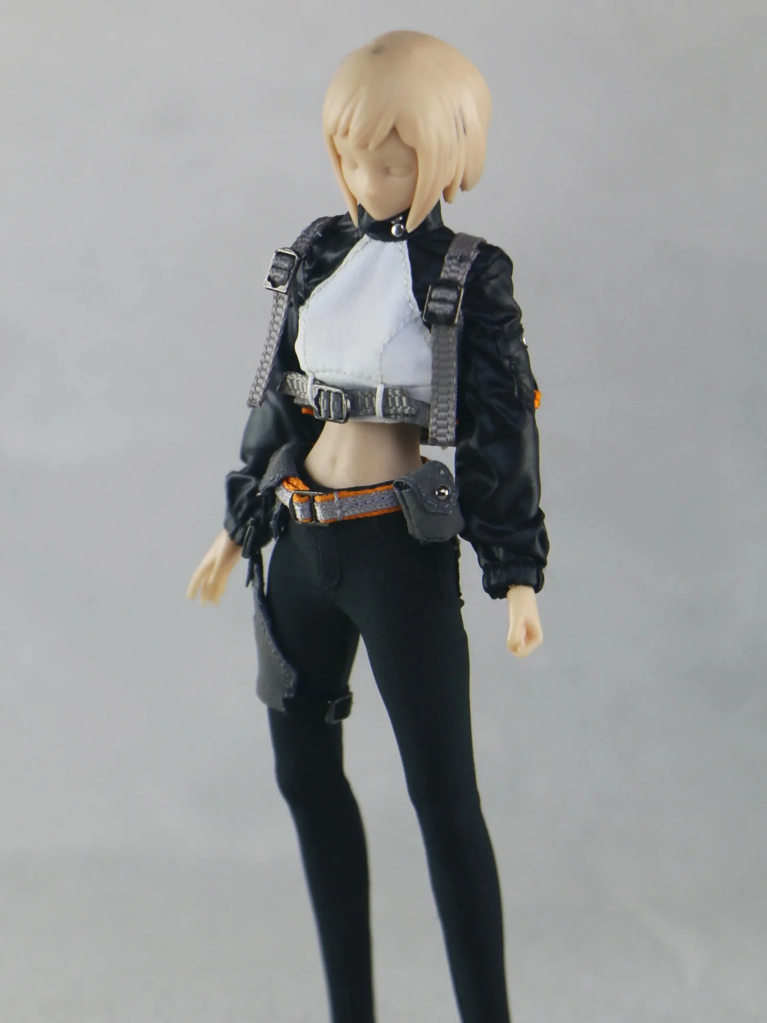 Pre-sale 1/12 Scale Female Soldier Black Short Glossy Jacket Webbing Belt Backpack Denim Skinny Pants For 6''Action Figure Model