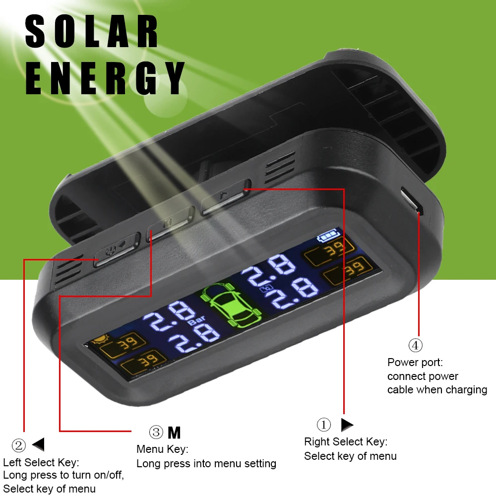 Car Tyre Pressure Monitor With 4 External Sensors Temperature Warning Fuel Save Intelligent Solar TPMS