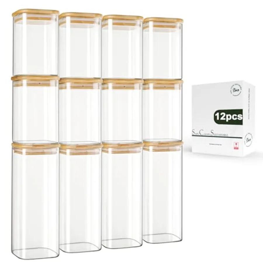 12-Pack Square Glass Storage Jars with Bamboo Lids 0.6Qt/1.06Qt - Stackable Food Containers for Pantry Organization, Coffee, Fl
