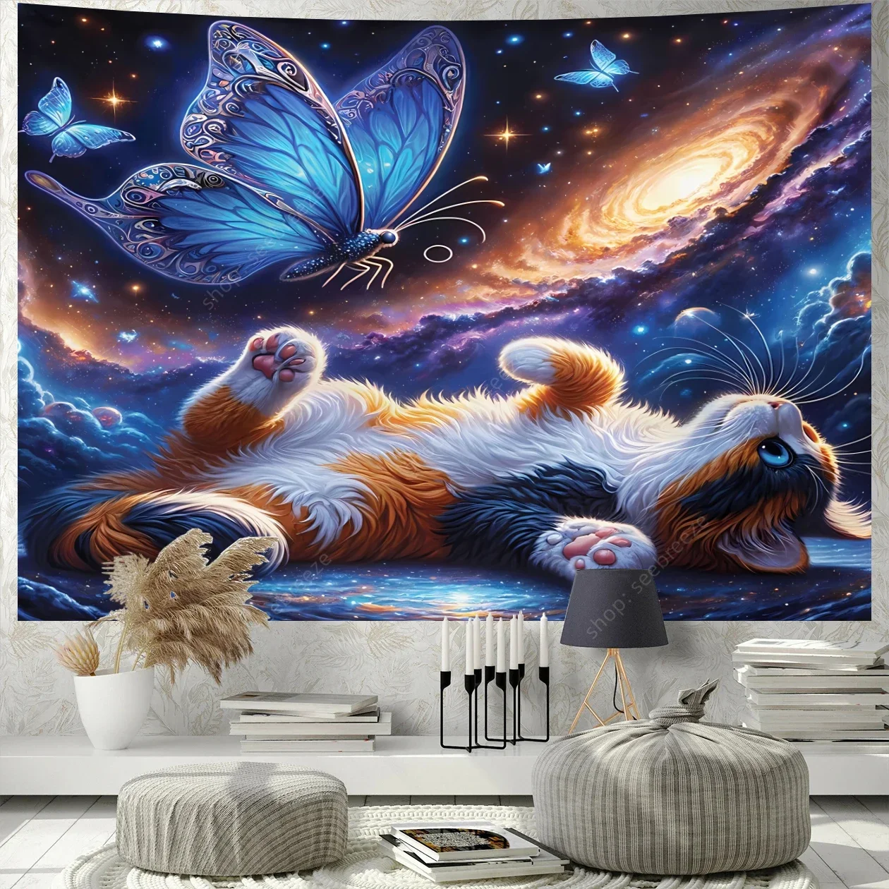 Cute Cat Tapestry Witchcraft Hippie Wall Hanging Bohemian Mandala Art Aesthetic Kawaii Room Wall Decor Yoga Mat Gift for Friends