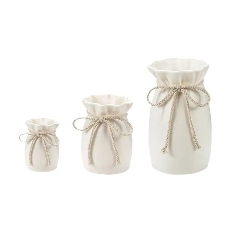 White Plastic Wide-Mouth Flower Vase With Jute Rope Bow Living Room Table Centerpiece Arrangement Ornament