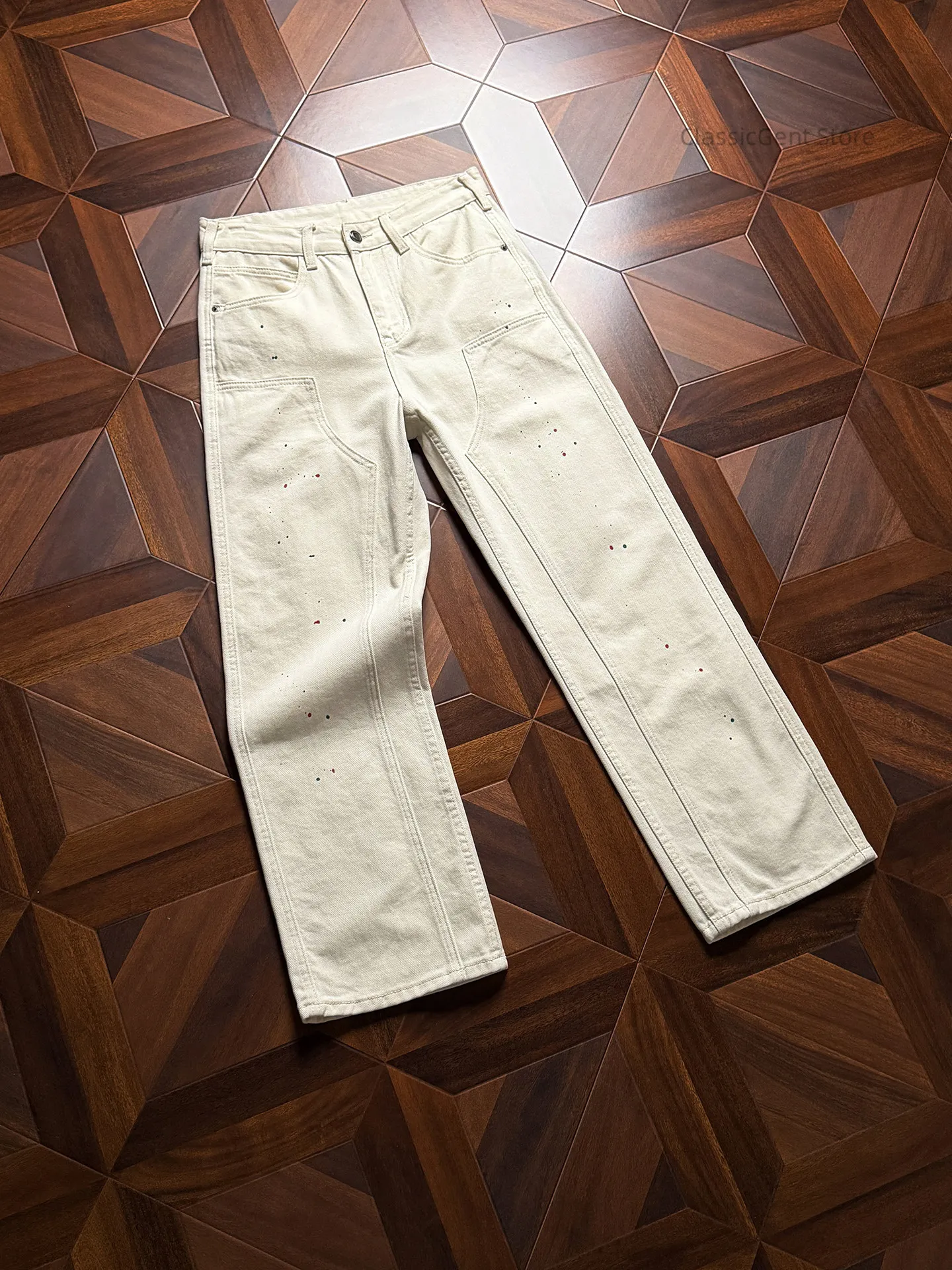 

Layered splicing 10.5 oz straight jeans, differentiated niche personality