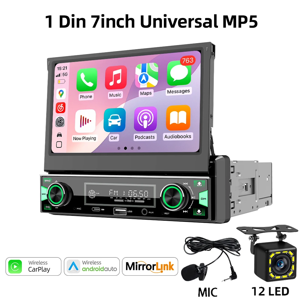 1DIN 7 inch MP5 autoradio speler FM AM RDS automatisch intrekbaar IPS touchscreen draadloze CarPlay Android Auto autoradio GPS