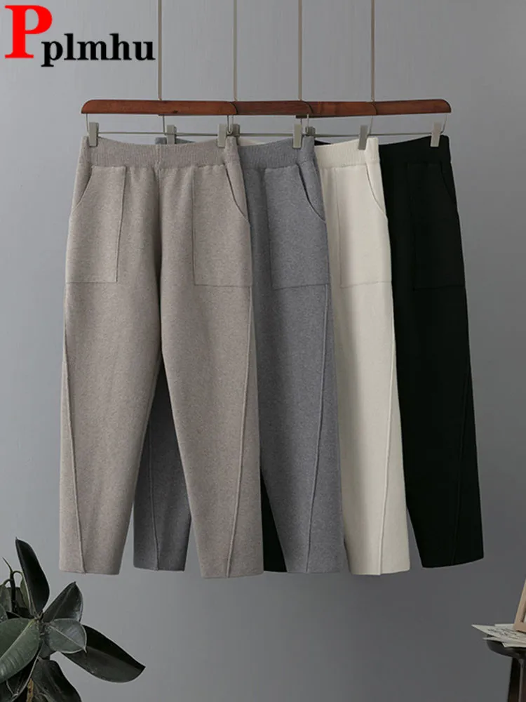 Pantalones bombachos de punto para mujer, ropa de punto informal, Pantalones elásticos de cintura alta, moda coreana, longitud hasta el tobillo,