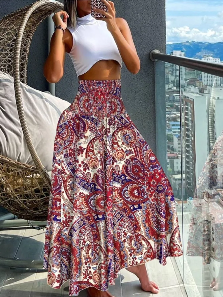 

Summer High Waist Printing Elegant Skirt Women Fashion Boho Holiday Beach Skirt Female 2024 Casual Long Skirts