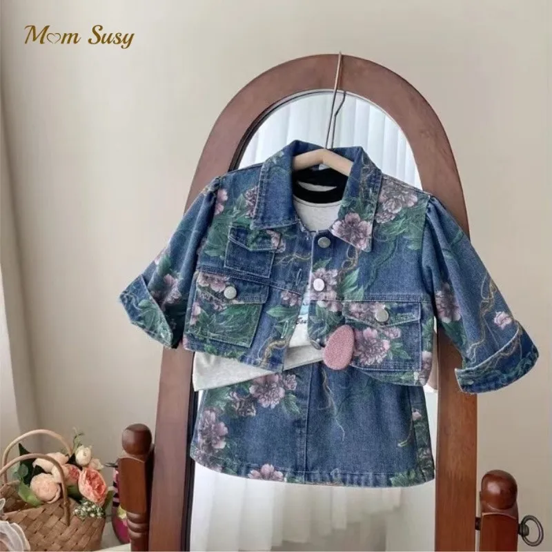 Baby Girl Floral Jean Clothes Set Jacket+Skirt 2PCS Infant Toddler Child Denim Clothing Outfit Spring Autumn Baby Clothes 1-7Y