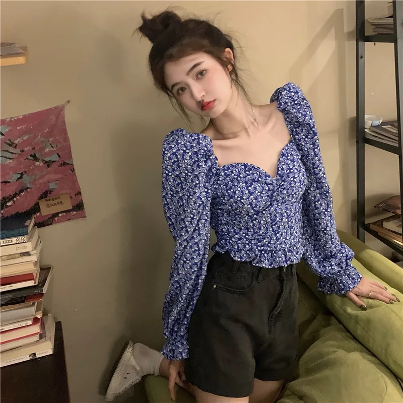 French Fashion Modern Summer Blouse Women Lavender Floral Printing Square Neck Sleeves New Blouses Lady