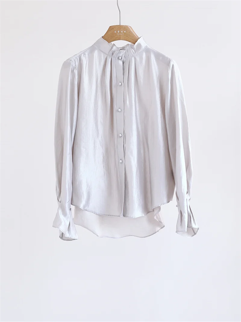 

Chinese Style Vintage Ruffle Collar Goat Hoof Sleeve Silk Top Women Anti Aging Versatile Soft Comfortable Shirt Summer T60411