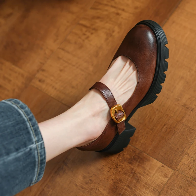 

Women Mary Jane Cowhide Retro Thick Heeled Shoes On Heel French Style Elegant One Strap Shoes Spring Atumn Simple Pumps