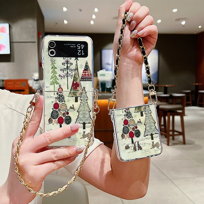 حافظة معدنية بحبل لهاتف سامسونج جالاكسي Z Flip7 Flip6 Flip5 Flip4 Flip 7 FE 6 5 4 3 5G نمط شجرة عيد الميلاد غطاء هاتف من البولي يوريثان
