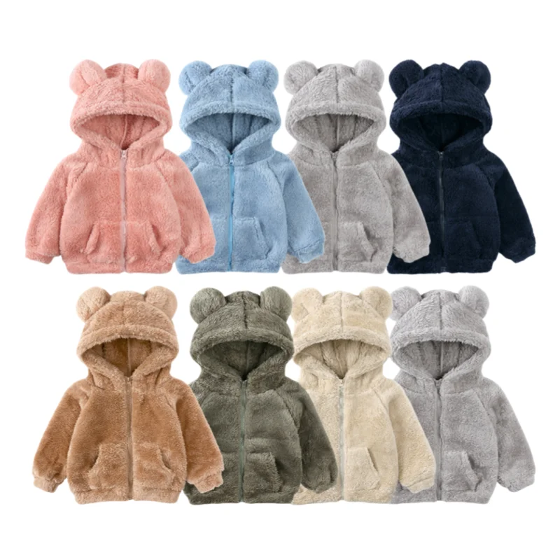 

2025 Autumn Winter New Kids Fleece Jacket Bear Ear Hooded Coat Warm Plush Outerwear for Boys Girls 2-7Y Unisex Toddler Zip-Up Wi