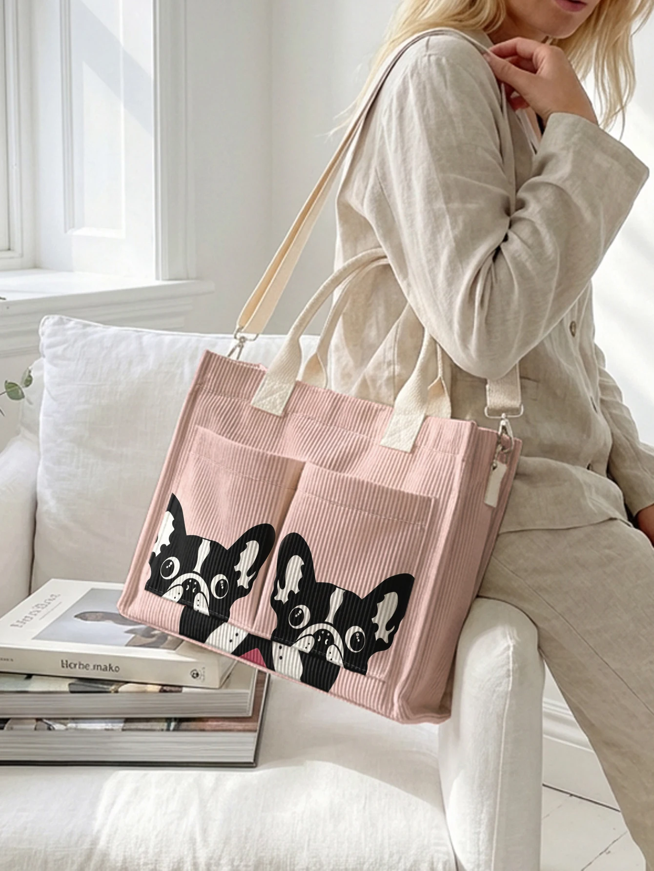 Cute Peeking French Bulldog Print Pink Corduroy Tote Bag Large Capacity Multi Pocket Dog Lover Commuter Shoulder Bag