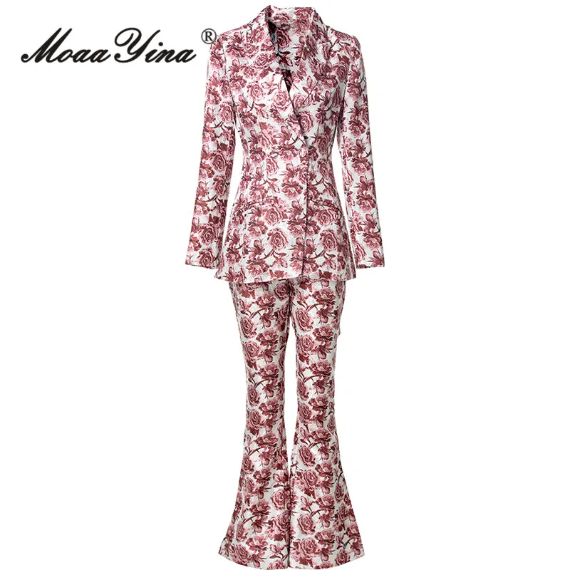 

MoaaYina 2025 Autumn Fashion Printed Office Women's V-Neck Long Sleeved Top+Flared Pants Two-Piece Set