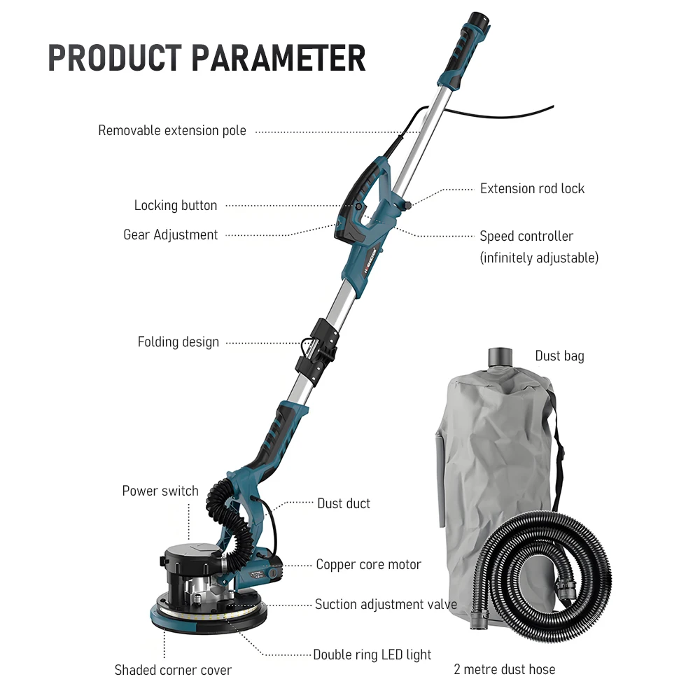 9 Inch Folding Electric Wall Sander Wall Putty Sander Machine Self-absorbing Dust Double Lamp Long Pole Wall Grinder