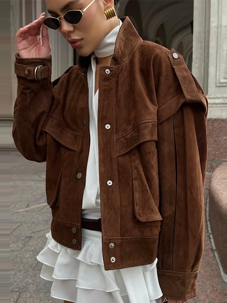 Wide Shoulder Suede Jacket Women Stand-Up Collar Button Long Sleeve Flap Pocket Epaulets Coat Ladies Street Autumn Female Jacket