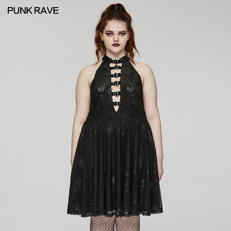 

PUNK RAVE Women's Gothic Gothic Velvet Floral Rose Print Elastic Mesh Dress Sexy Deep V-neck Sleeveless Dresses