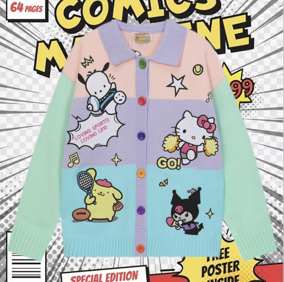 

Cartoon Kit Patchwork Color Collar Embroidery Sweater Jaet for Boys And Girls Collar Long Sve Cotton Outerwear