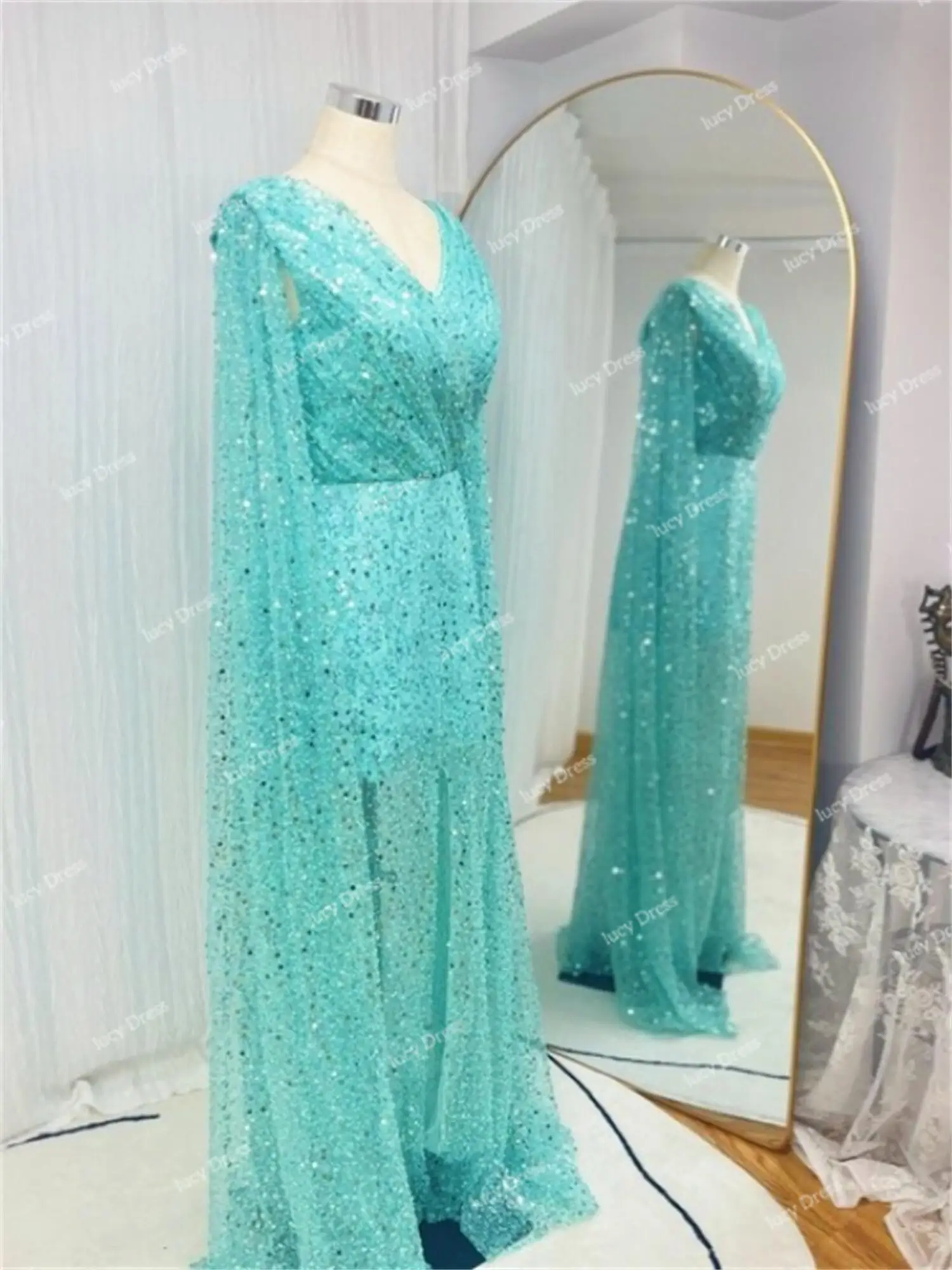 Mint Green Elegant Evening Dresses for Women Mermaid Quinceanera Shawl Luxury Dress Shiny Arabic Customized Prom Gala Formal New