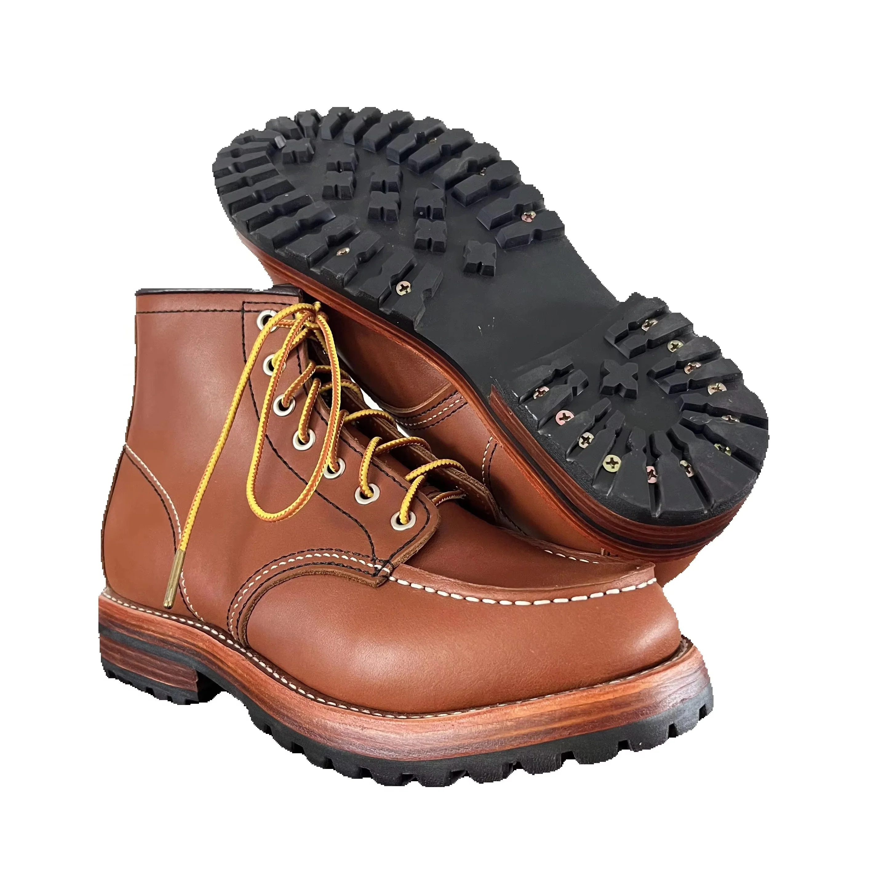 AL499 Vintage Men Moc‑Toe Genuine Leather Ankle Boots Goodyear Welt Hand Stitching High Top Lace‑Up Non‑Slip Work Motorcycle