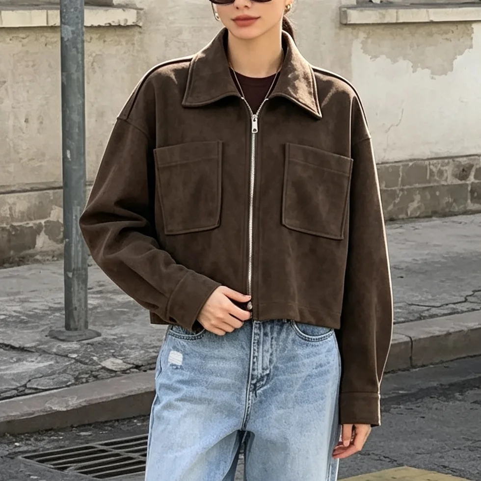 Fashion Lapel Collar Zipper Jacket Women's Casual Solid Suede Full Sleeve Coat 2026 Lady Autumn Chic High Street Outwear