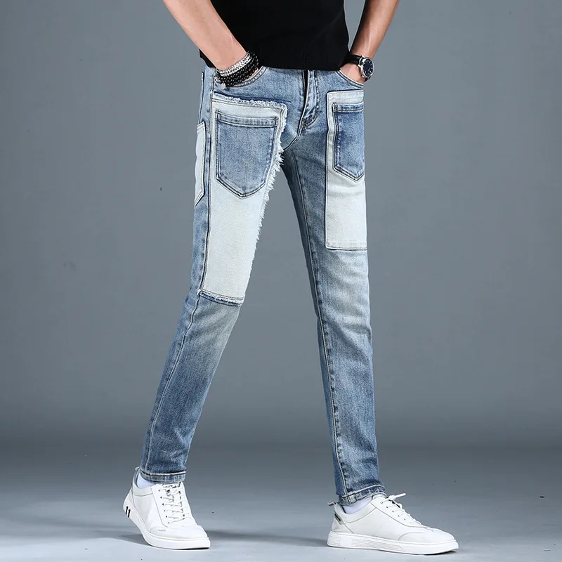 2024New Patchwork Stitching Fashion Jeans Men's Slim Fit Ankle-Tied Trendy High-End Street Locomotive Style Casual Trousers