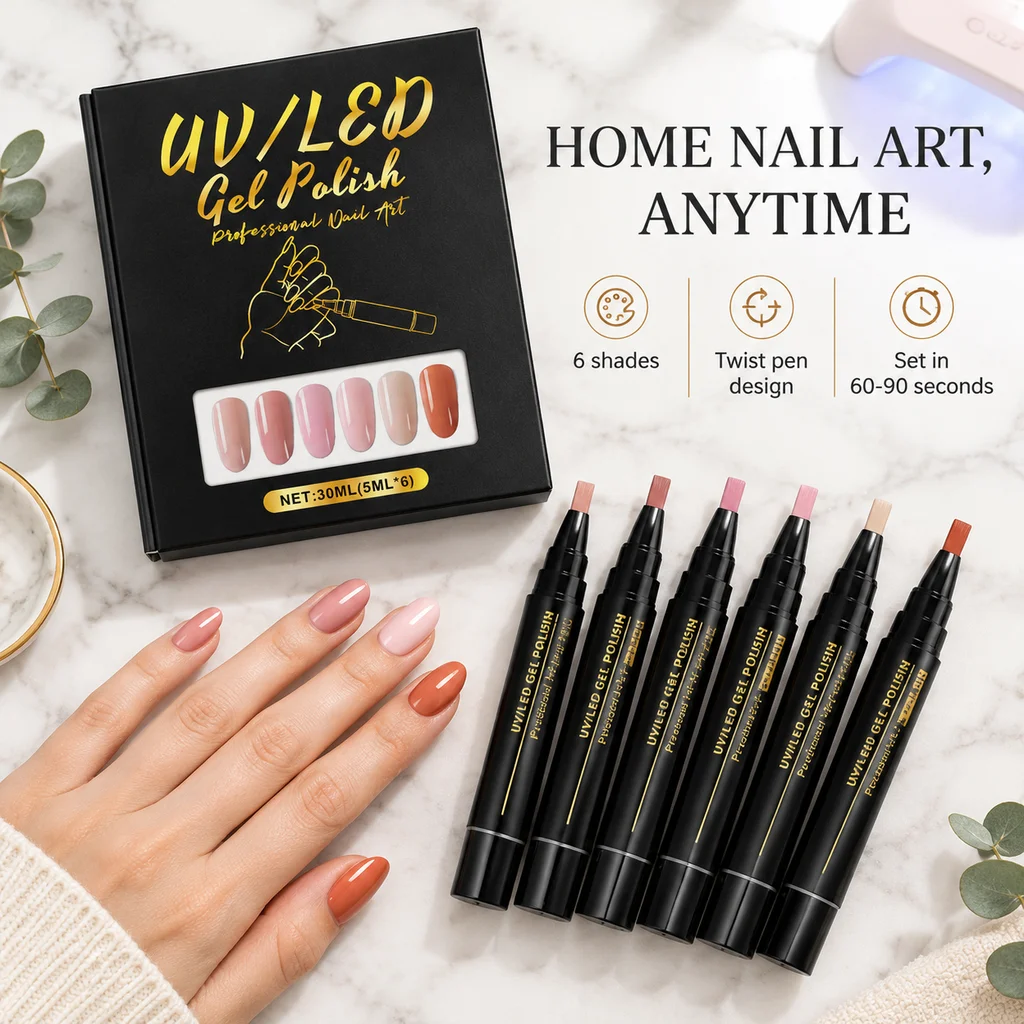 Nail Polish Pen Set 6 Color Nail Gel Pen UV LED Curable Long Lasting Glossy Finish Waterproof Home DIY Manicure Kit For Beginner