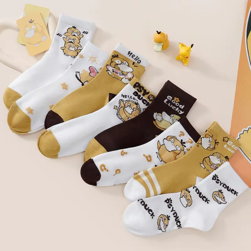 5 Pairs of Random Pokémon Anime Printed Women's Cotton Round Neck Socks Neutral Casual Cute Duck Pattern Low Cut Short Socks