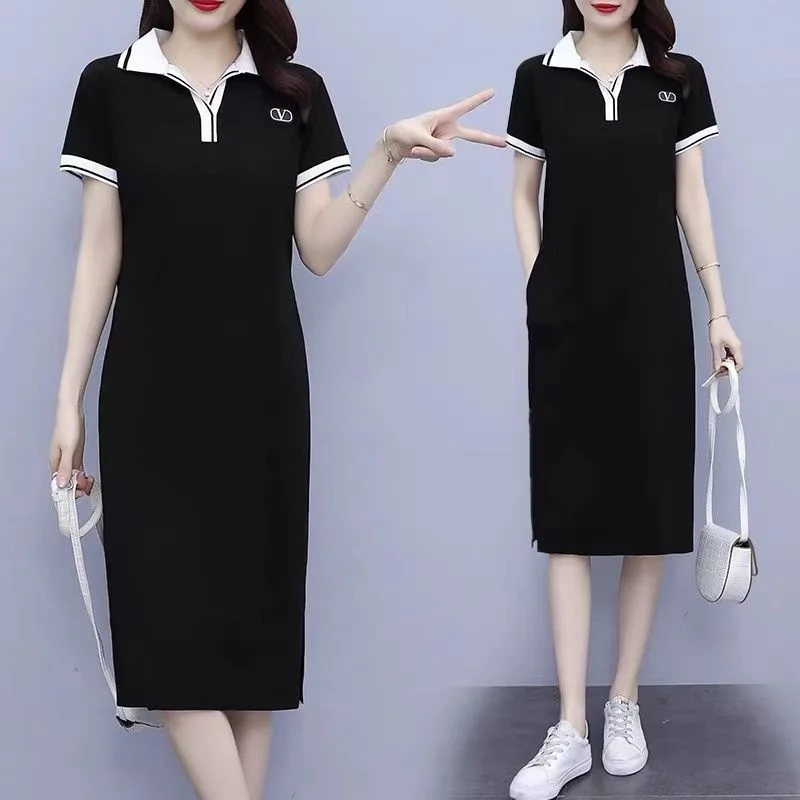 2024 Summer Women's New Thin Western-style Slim Loose Belly Long T-shirt Sports Style Knee-length Fashion knitted Dress