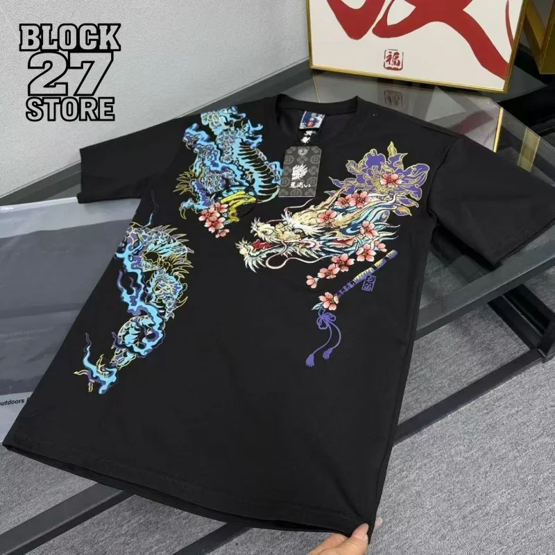 Mens T Shirt Dragon Embroidery Heavy Washed Premium Tee Harajuku Unisex Loose Fit Short Sleeve Casual Streetwear Fashion Trend