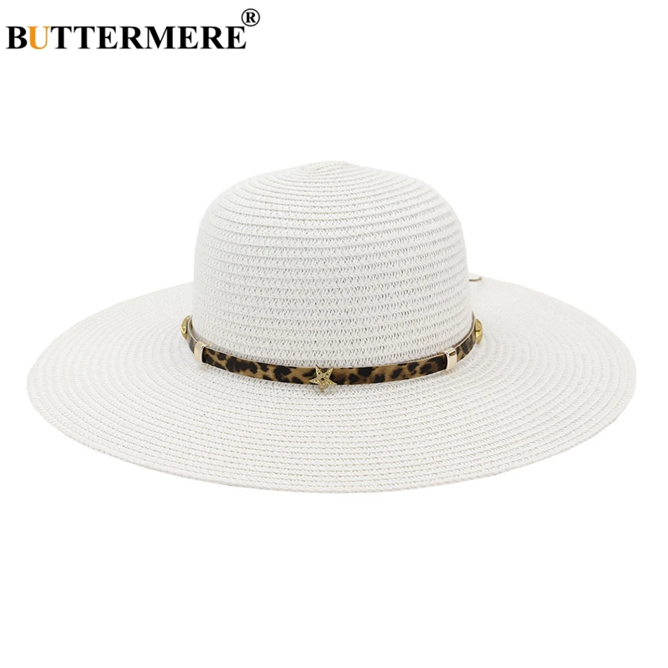 BUTTERMERE White Sun Hat Women Summer 2024 Straw Hat Female Leopard Belt Brand Ladies Beach Hats Fashion Wide Brim Floppy Hat