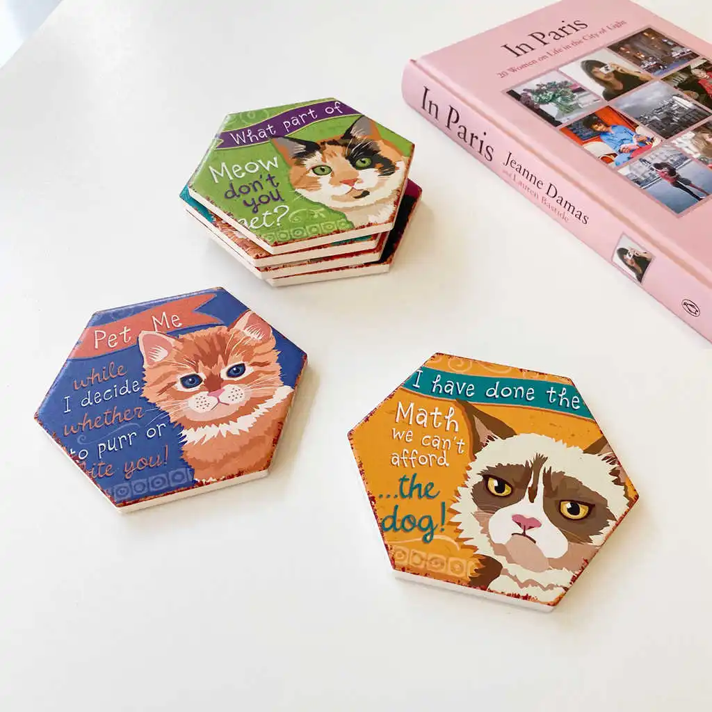 

6PCS Ceramic Coasters Cat Cute Ins Set Heat Insulation Non-slip Absorbent Pad Table Protector Drink Holder Kitchen Items Decor