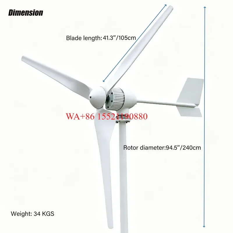 WMWMNU 2000W Horizontal Wind Turbine Generator Kit 24V 48V Wind Power System with 3 Blades and MPPT Charge Controller for