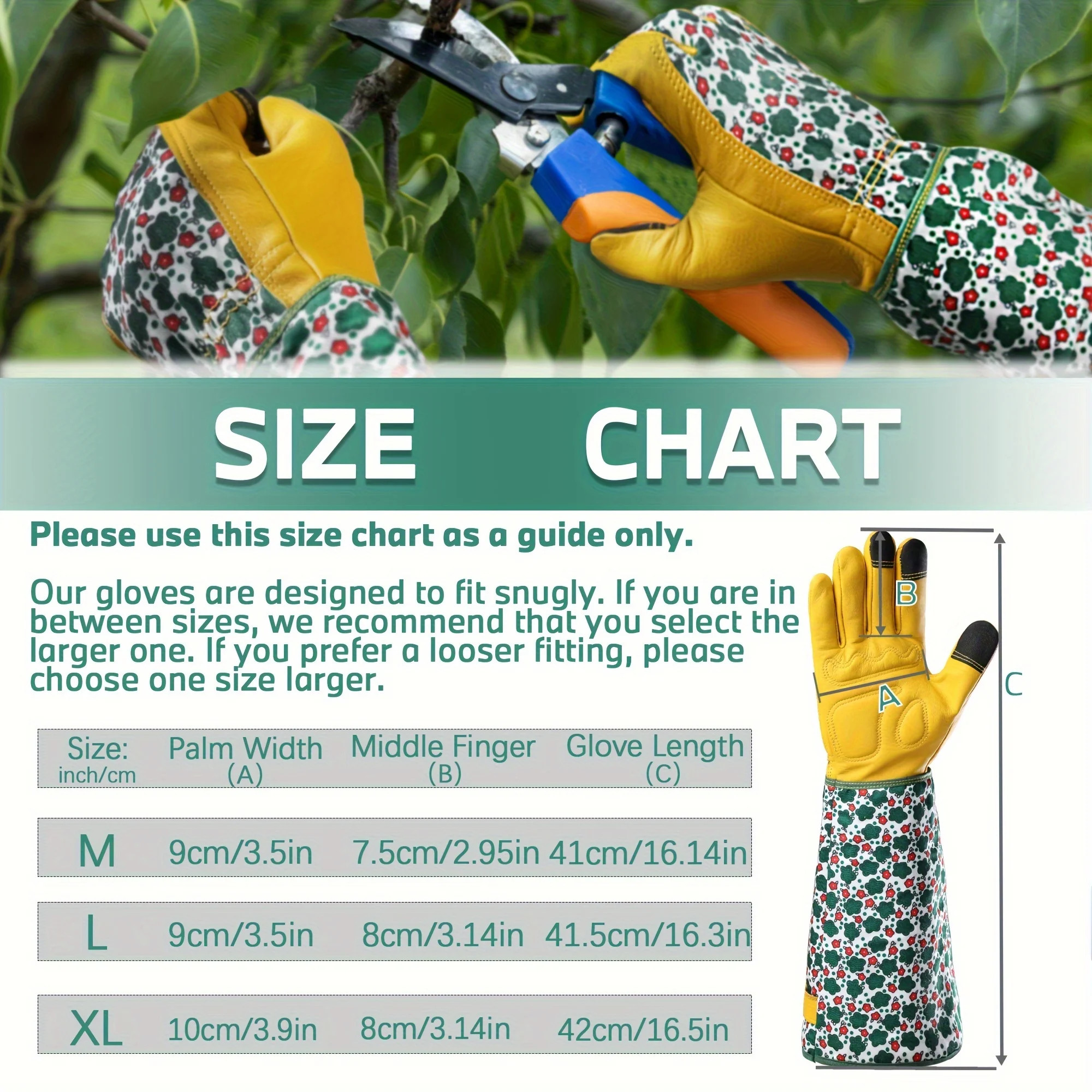 1 pair of durable women\'s long gardening gloves, thorn-proof, with green print and breathable cowhide, suitable for yard work