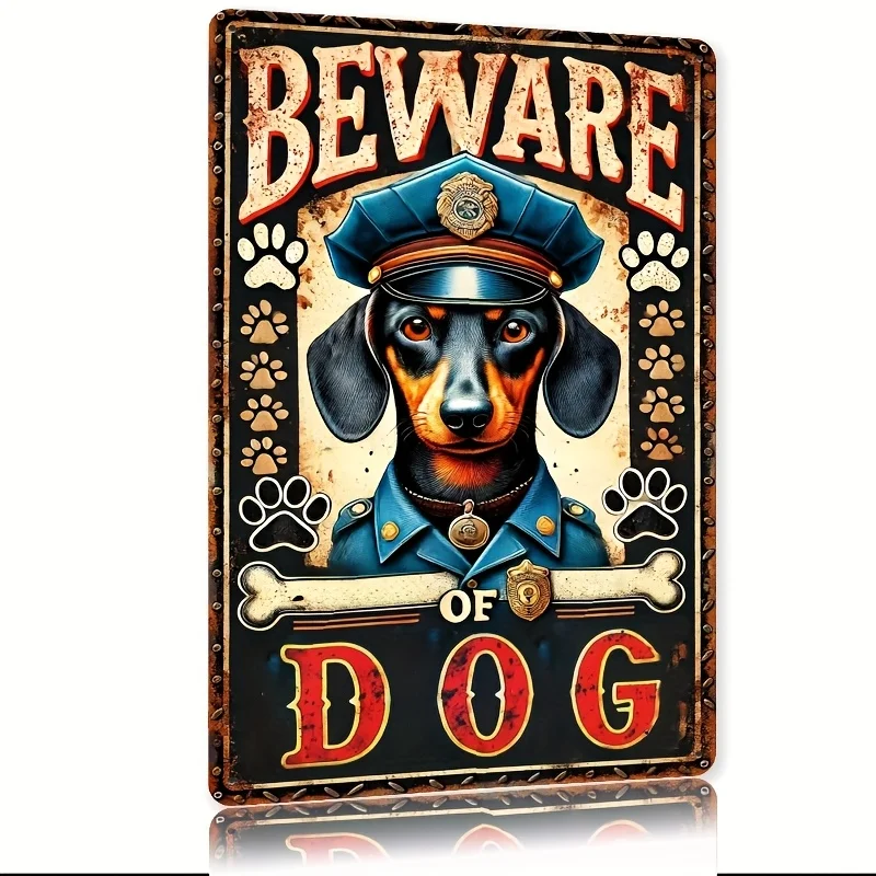 Blechschild im Raumdekor im Stil – Eisen, Vorsicht vor dem Hundedackel-Polizei-Thema, eine rustikale Metallwahl für die Wanddekoration in Häusern,