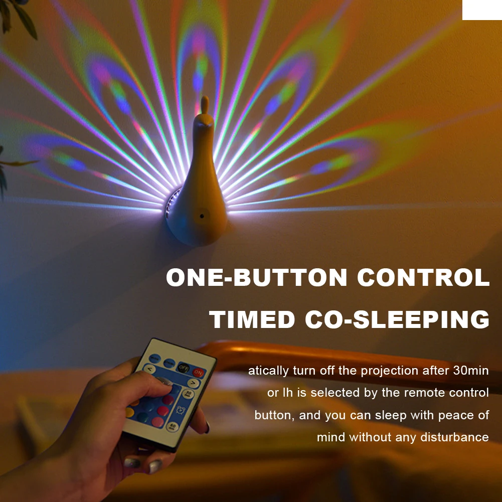 LED Peacock Projection Lamp Colorful Wall Lamp with Remote Control Atmosphere Lamp Night Light Bedside Lamp for Home Bedroom