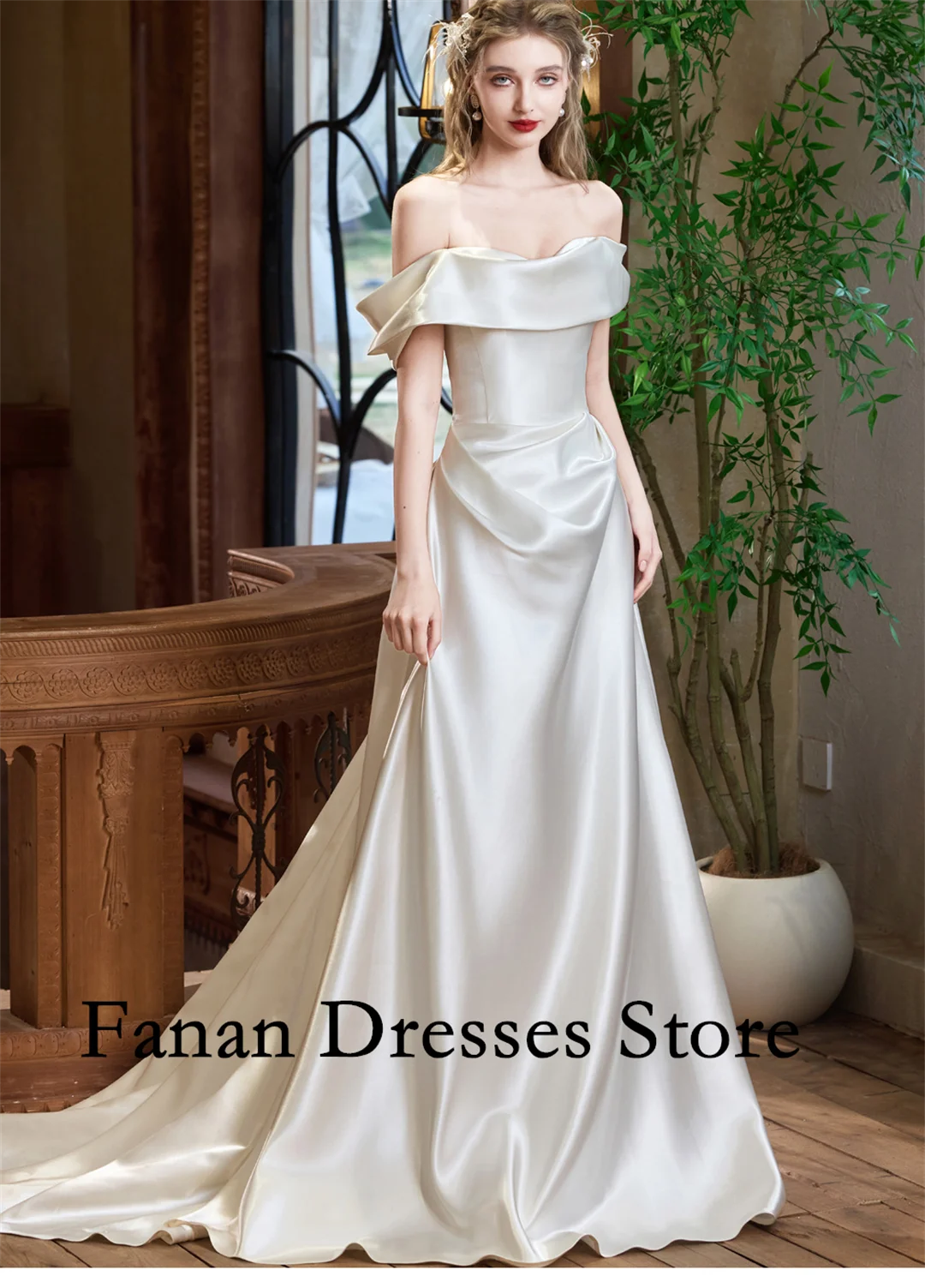 

FANAN Корея Трапеция длиной до пола с открытыми плечами Шелковые атласные платья невесты Корсет Свадебные платья 웨딩드레스 Цвета слоновой кости по индивидуальному заказу Prett