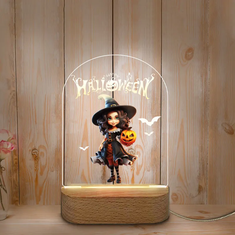 Veilleuse LED USB personnalisée, impression de documents, base en bois, veilleuse pour la maison, la chambre des mères et des bébés, décoration d'Halloween