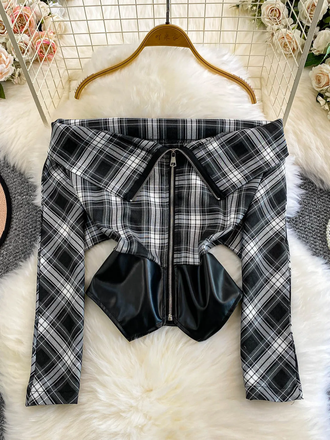 Slimming PU Leather Plaid Collar Zipper Fem Jaet Street Sle Faionable Outerwear Long Sve Regular Fit Young Women