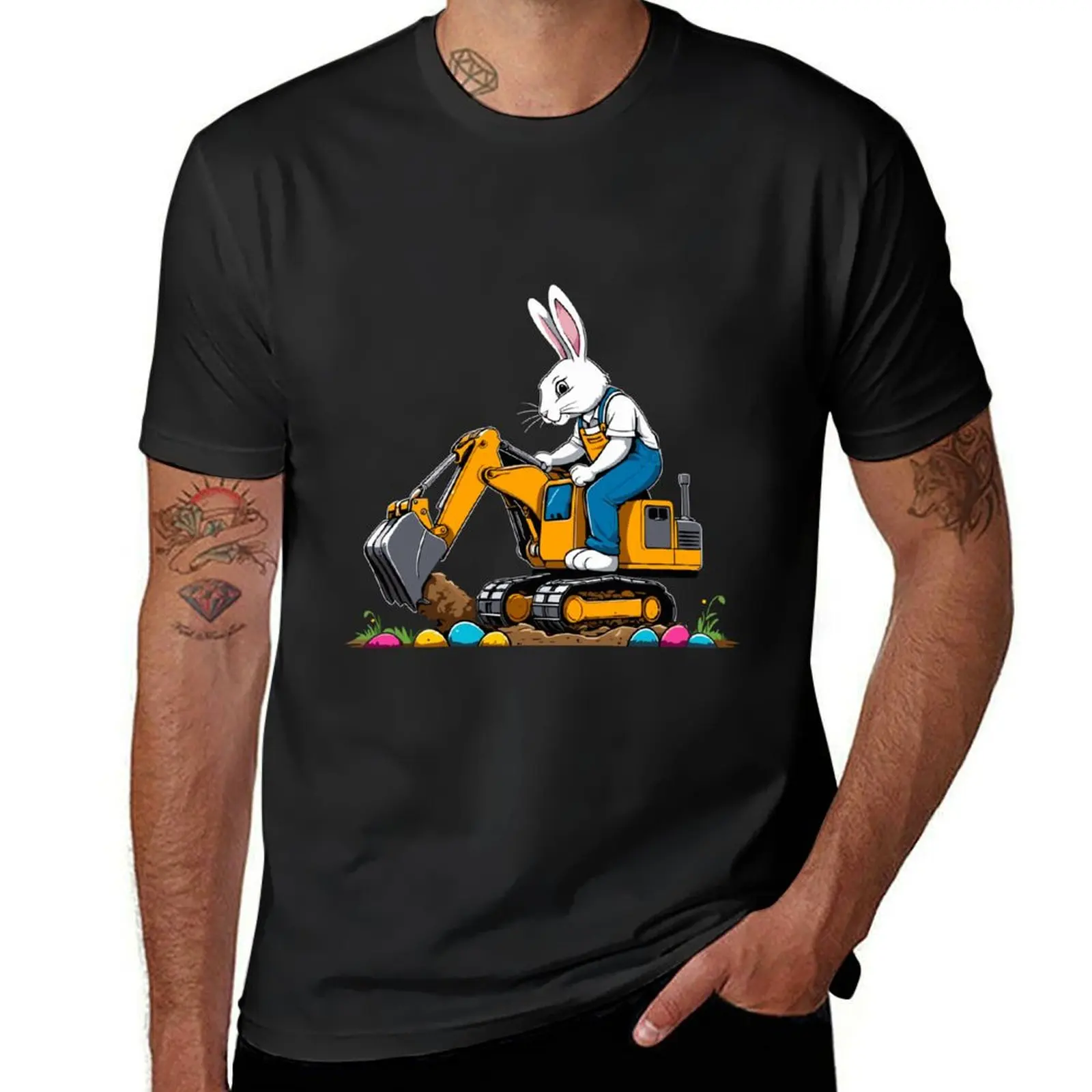 Easter bunny excavator driver Easter eggs funny T-Shirt tops plus sizes korean fashion oversized black t shirts for men