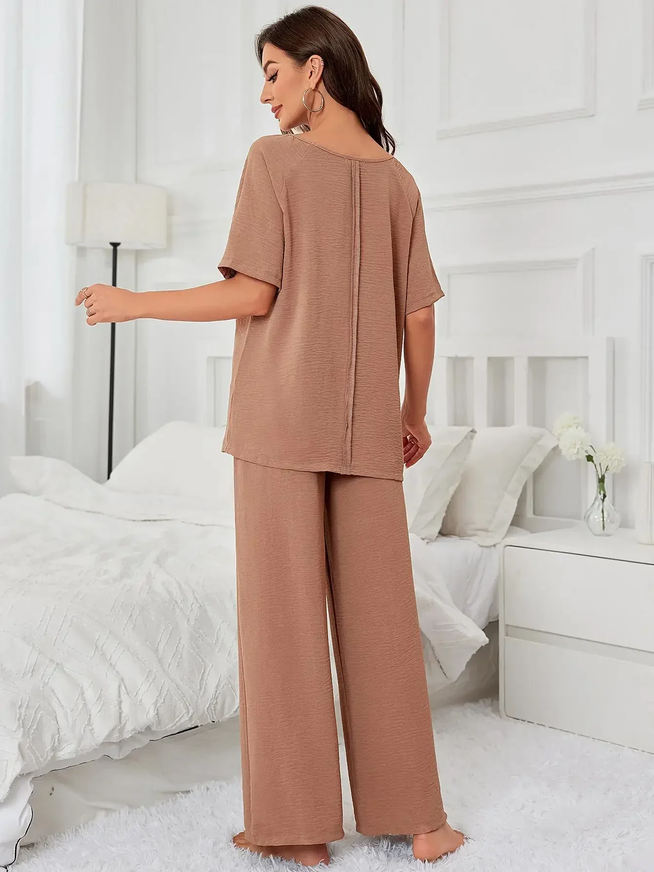 Solid V Neck Women Pajama Sets Short Sleeves Top & Full-Length Pants Female 2 Pieces Sleepwear Nightwear Homwear Clothing