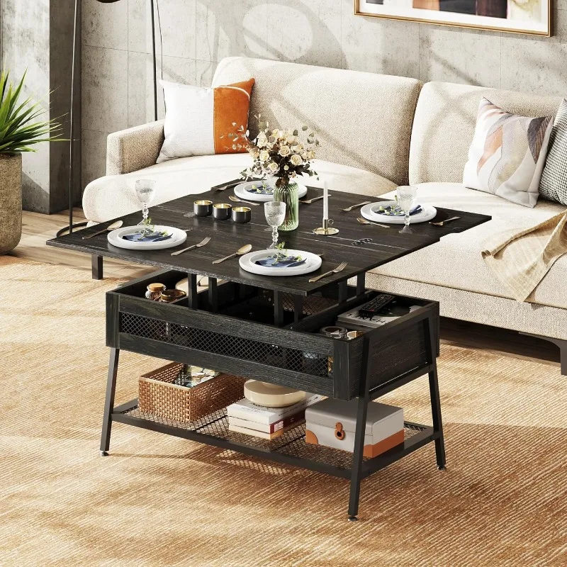 Lift Top Coffee Table,3 in 1 Multi-Function Coffee Table with Storage, Hidden Compartment and Metal Frame, Coffee Table Converts