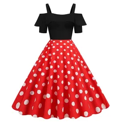 Elegant Off Shoulder Women Summer Dress Slash Neck Vintage Ladies Fit and Flare Polka Dot Party Dress