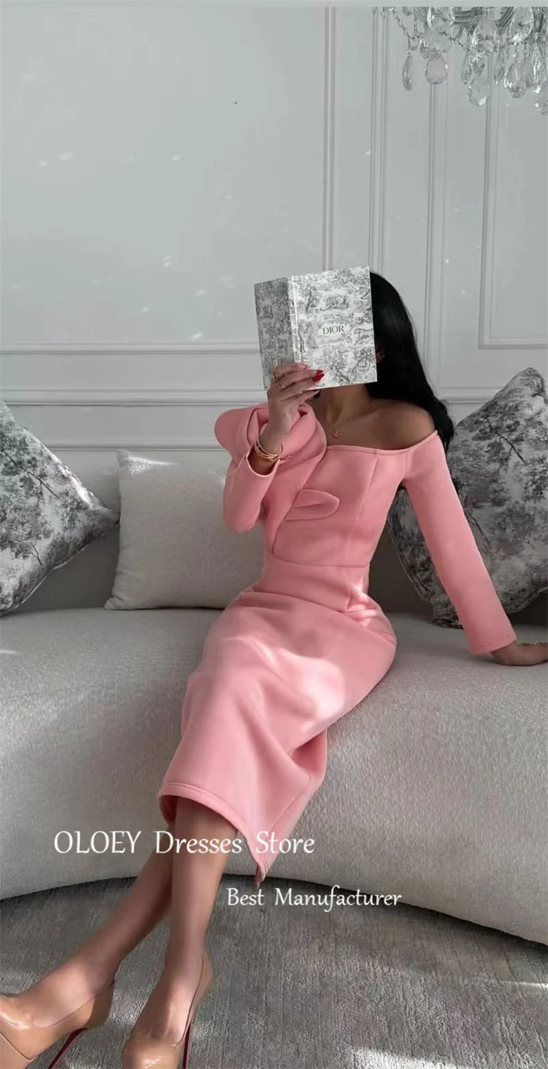 

OLOEY Blush Pink Arabic Women Evening Party Dresses Off Shoulder Long Sleeves Flowers Tea Length Prom Night Event Gowns