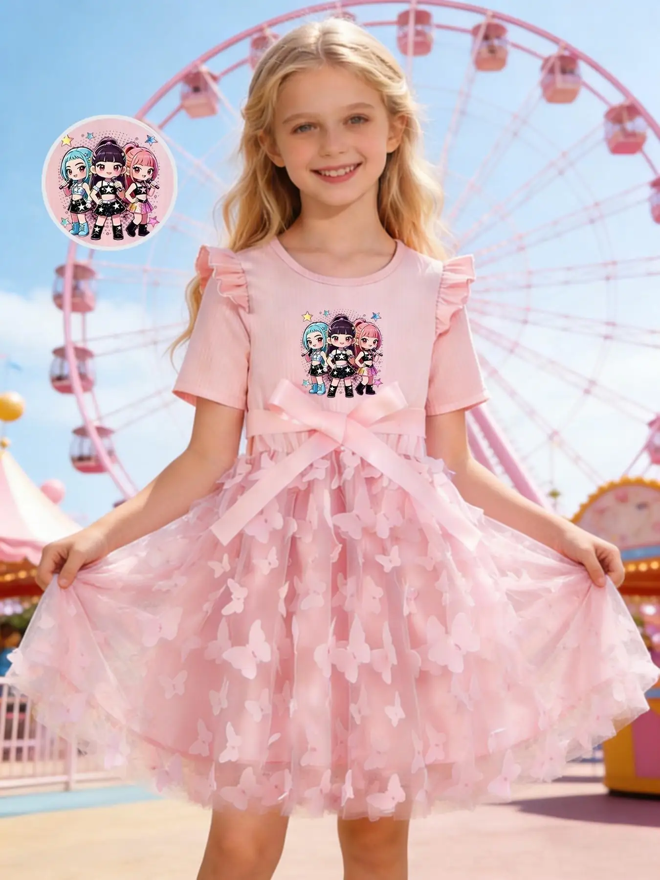 Girls Pink Tulle Dress, Q Version K-POP Cartoon Print Ribbed Flutter Sleeve Big Bow 3D Butterfly Tutu Dress