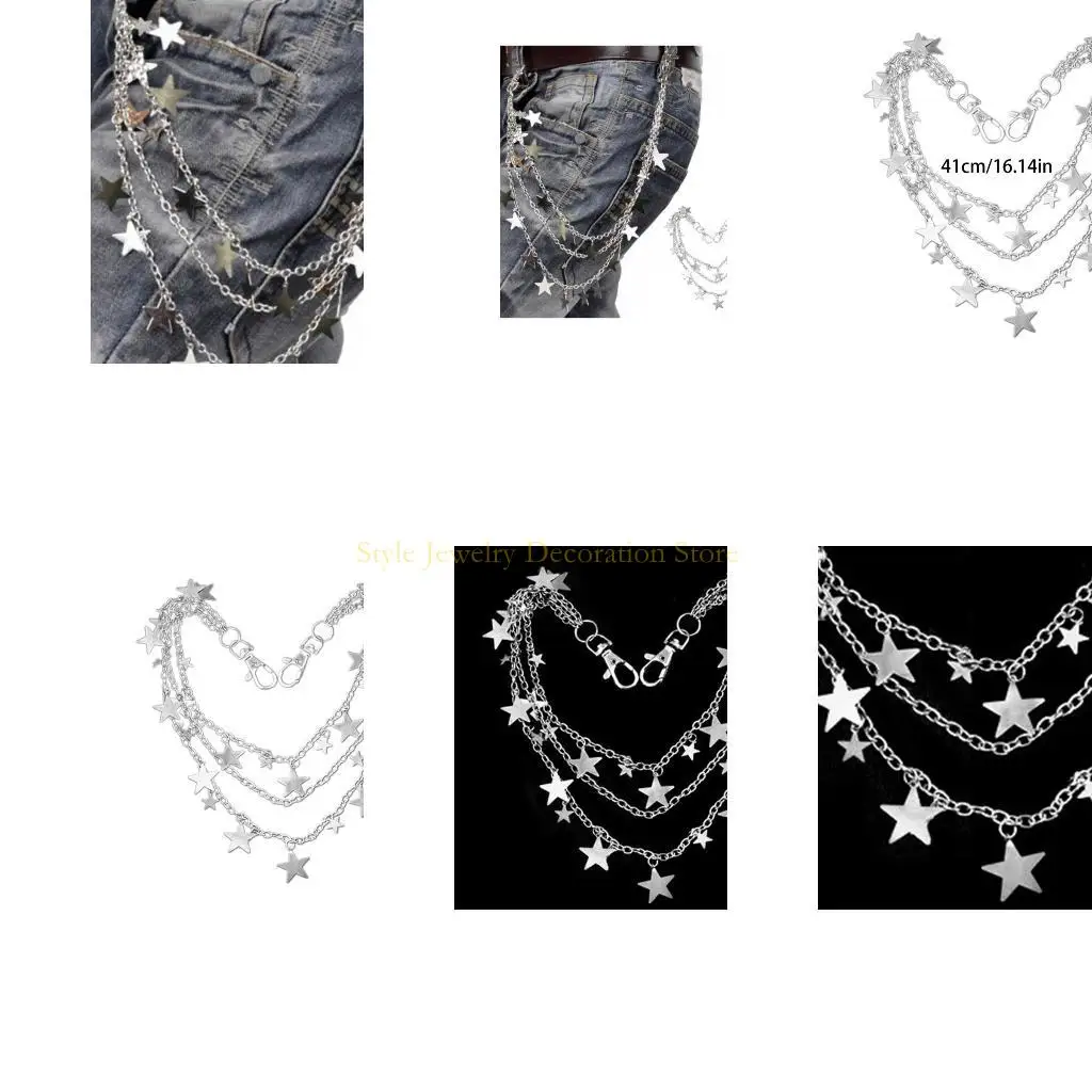 

D46E Punk Gothic Lieed-Star Bants Chain Multilayer Jeans Pocket Hip Hop