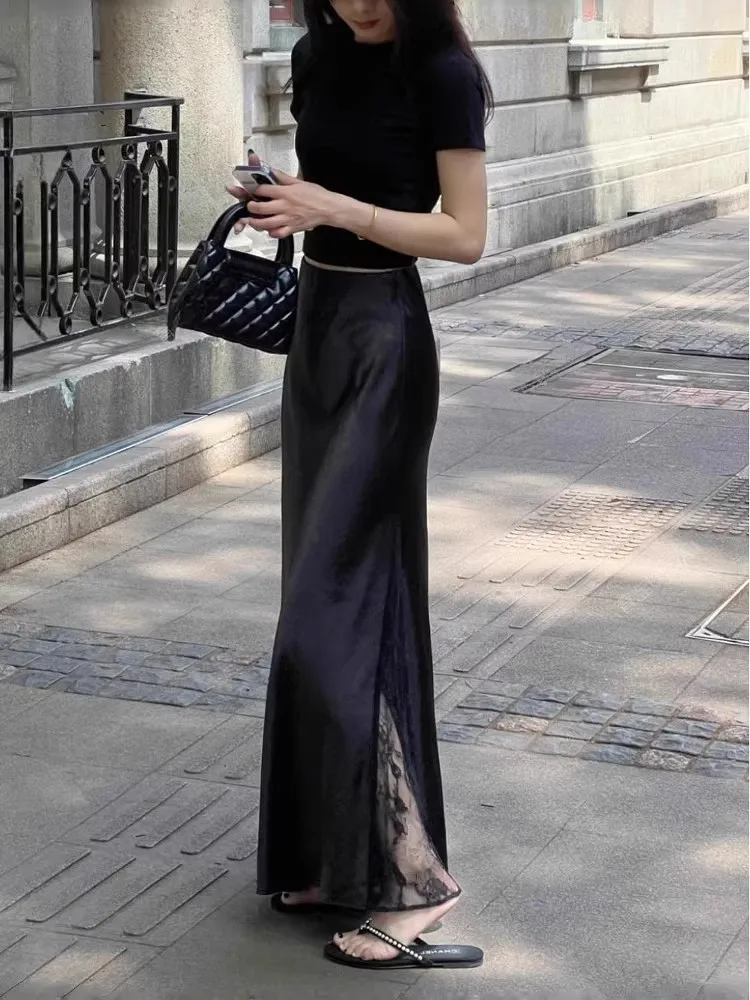 

Ele Bla Lace Splicing Acetate Skirt Women's High Waist Slimming Mid-Length Satin Armored Skirt Summer Faion