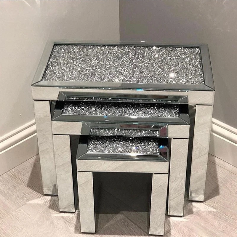 

European mirror glass furniture coffee table modern simple small apartment table set combination sprinkle diamonds