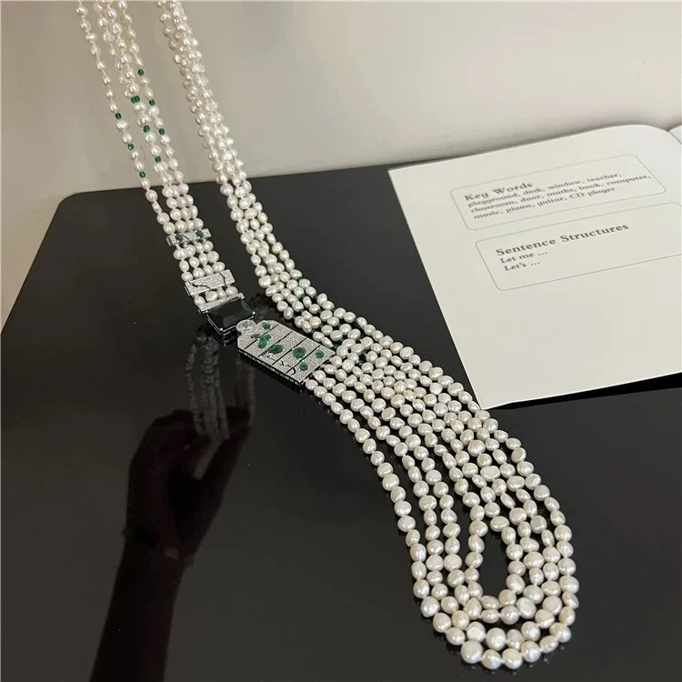 Jewelry Natural Pearl 32\'\'-35\'\' 4 Strands Natural White baroque Pearl With CZ Connector Necklace For Women