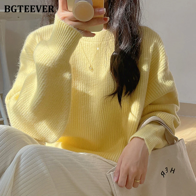 BGTEEVER Casual Loose O-neck Women Sweaters Jumpers Autumn Winter Long Sleeve Loose Candy Color Ladies Knitted Pullovers